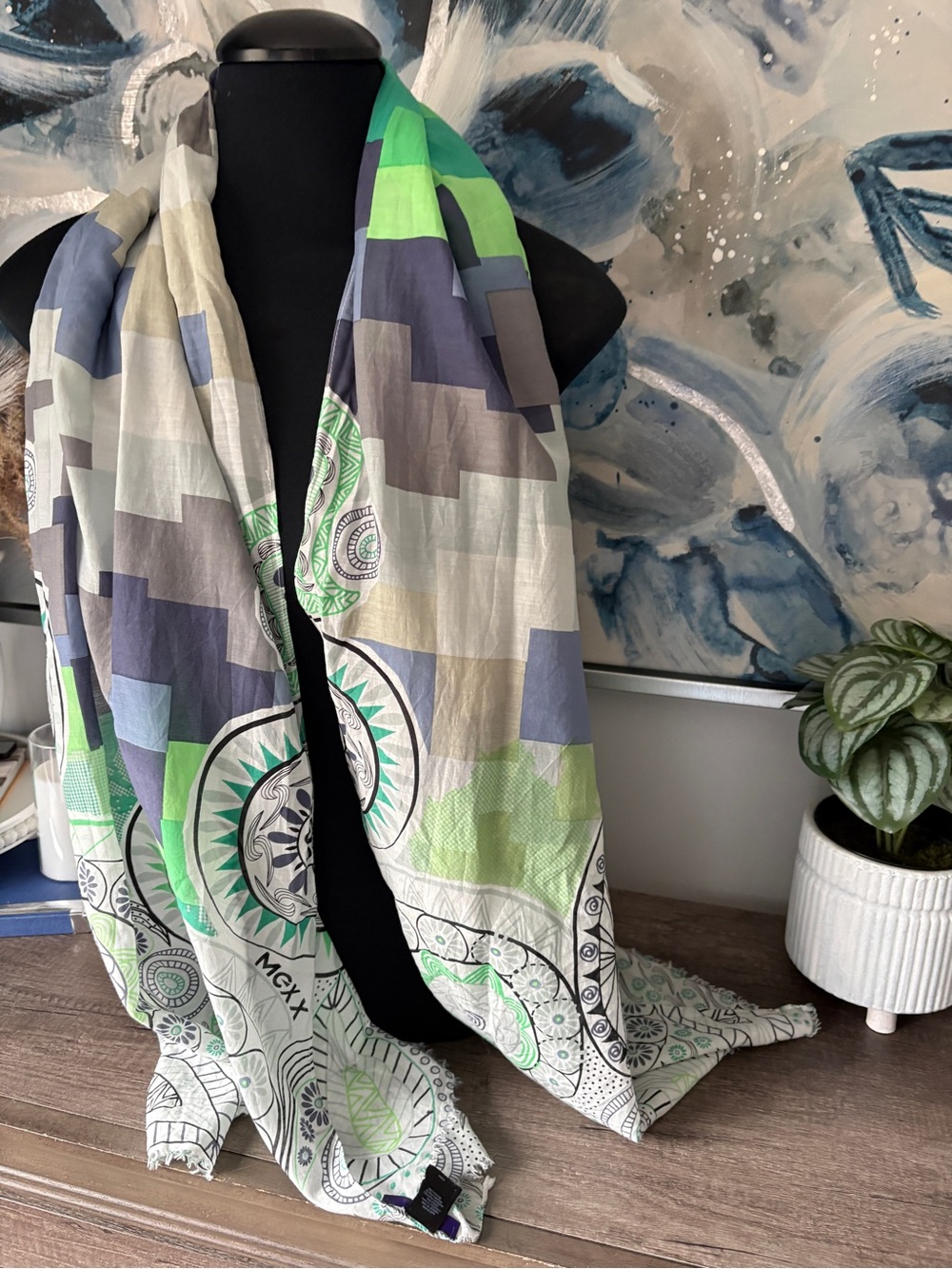 Mexx Printed Scarf in Green, Gray, Blue